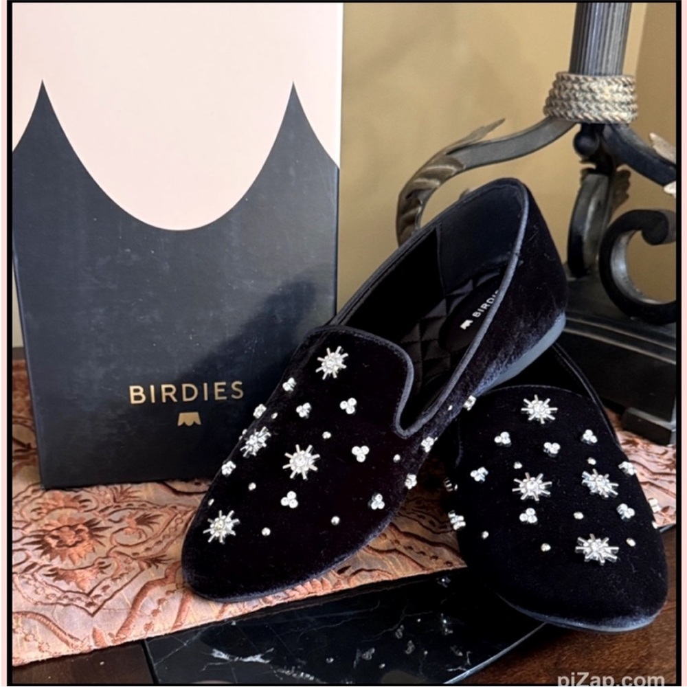 Birdies Women's Black Velvet Loafers with Crystal Embellishments ~ Sz 7.5